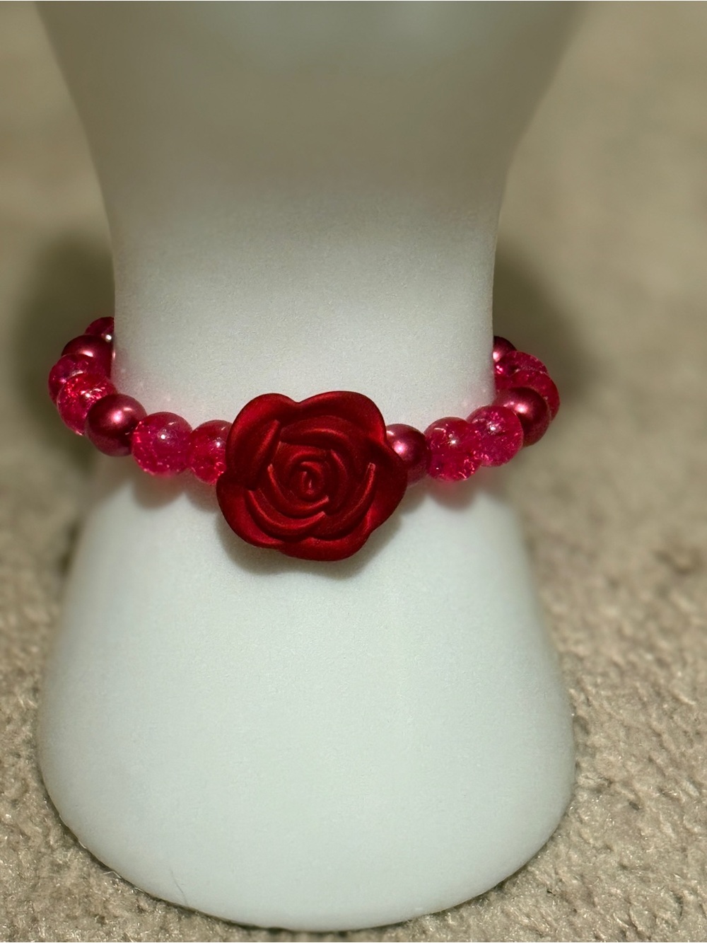 Red Rose Beaded Bracelet Handcrafted Crimson Flower Romantic Gift BRJ